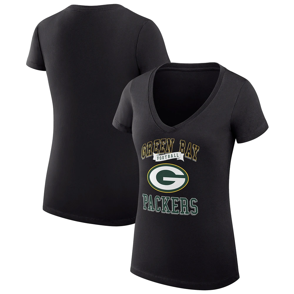 Women's G-III 4Her by Carl Banks Black Green Bay Packers Team Logo Graphic Fitted V-Neck T-Shirt
