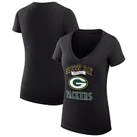 Women's G-III 4Her by Carl Banks Black Green Bay Packers Team Logo Graphic Fitted V-Neck T-Shirt