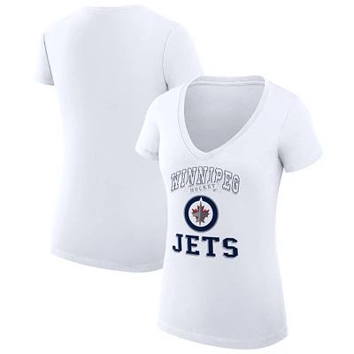Women's G-III 4Her by Carl Banks White Winnipeg Jets Team Logo Graphic V-Neck Fitted T-Shirt