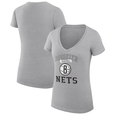 Women's G-III 4Her by Carl Banks Heather Gray Brooklyn Nets Team Logo Fitted V-Neck T-Shirt
