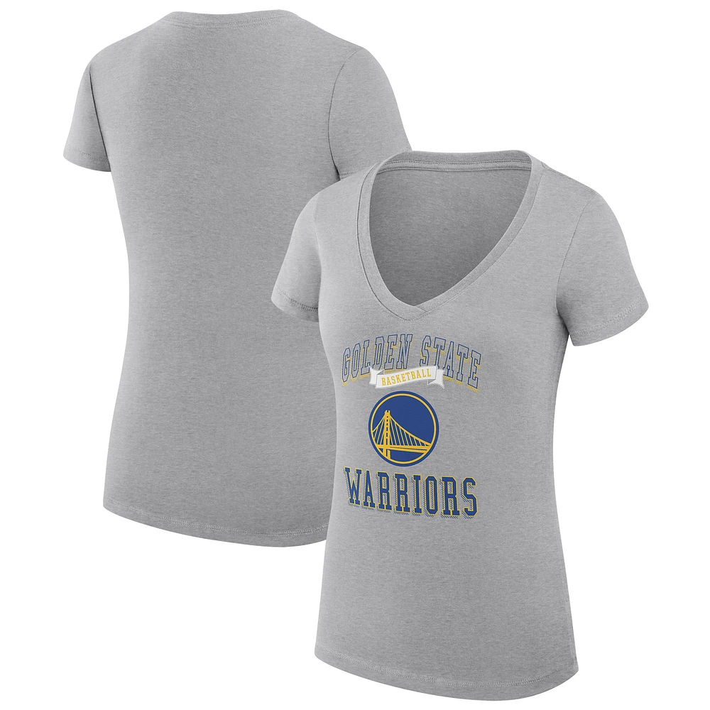 Women's G-III 4Her by Carl Banks Heather Gray Golden State Warriors Team Logo Fitted V-Neck T-Shirt