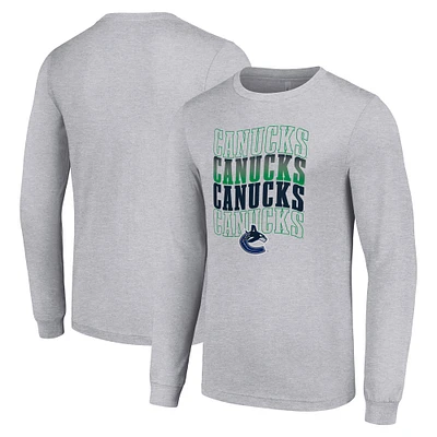 Men's Starter Heather Gray Vancouver Canucks Four Team Name Logo Long Sleeve Graphic T-Shirt