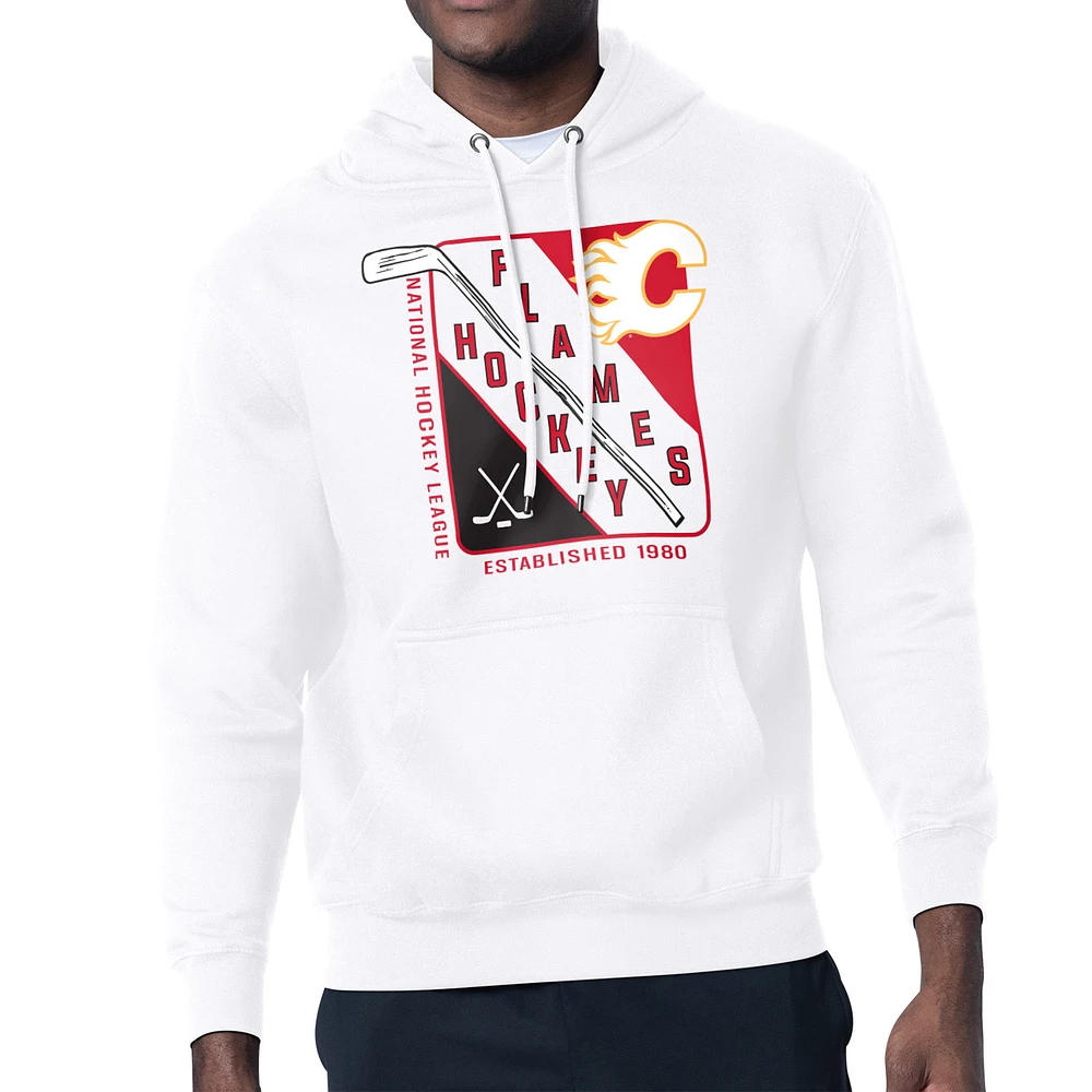 Men's Starter White Calgary Flames Shield Logo Pullover Hoodie