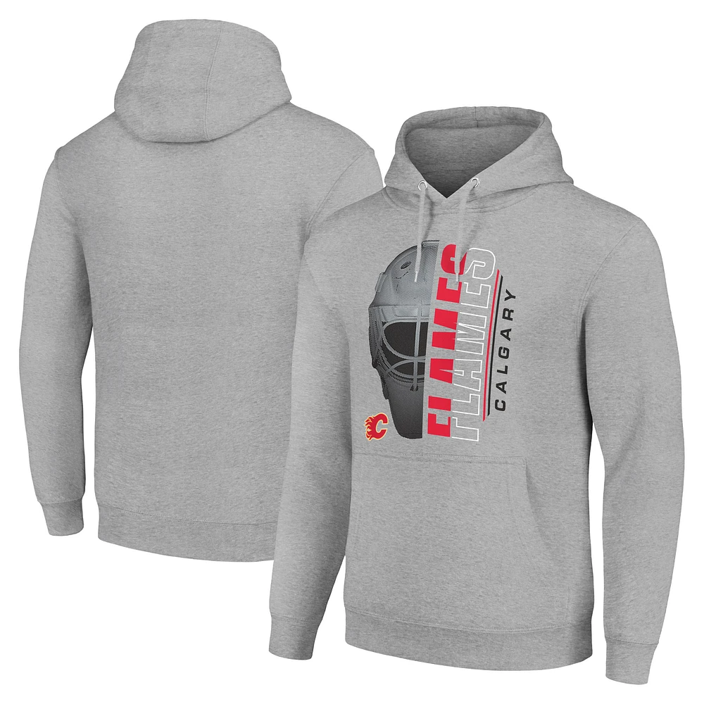 Men's Starter Heather Gray Calgary Flames Half Helmet Fleece Pullover Hoodie