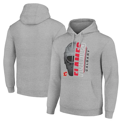 Men's Starter Heather Gray Calgary Flames Half Helmet Fleece Pullover Hoodie