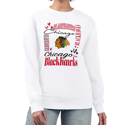 Women's G-III 4Her by Carl Banks White Chicago Blackhawks Collage Graphic Fleece Long Sleeve Pullover Sweatshirt