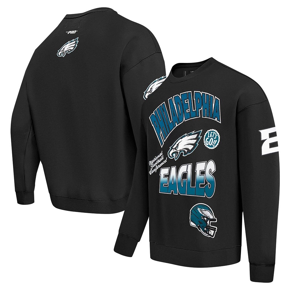 Men's Pro Standard Black Philadelphia Eagles Turn It Up Drop Shoulder Pullover Sweatshirt