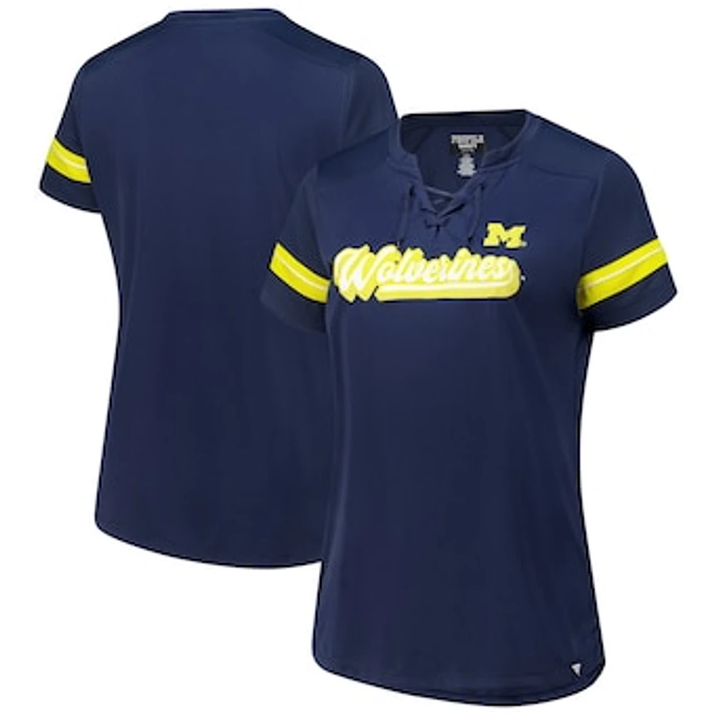 Women's Fanatics Navy Michigan Wolverines Plus Overtime Readiness Lace-Up T-Shirt