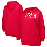 Women's Fanatics Scarlet Nebraska Huskers Plus Scripy Lace-Up V-Neck Hoodie