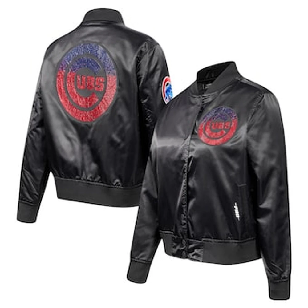 Women's Pro Standard Black Chicago Cubs Rhinestone Satin Full-Snap Jacket