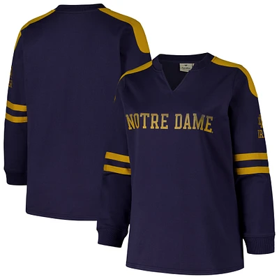 Women's Fanatics Navy Notre Dame Fighting Irish Plus Contrast Sleeve Fleece Pullover Sweatshirt