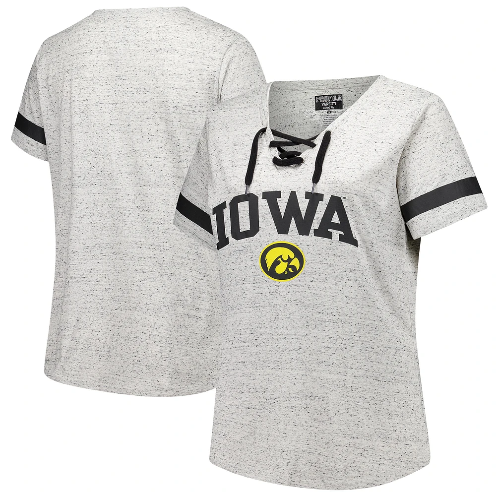 Women's Fanatics Heather Gray Iowa Hawkeyes Plus Lace-Up V-Neck T-Shirt