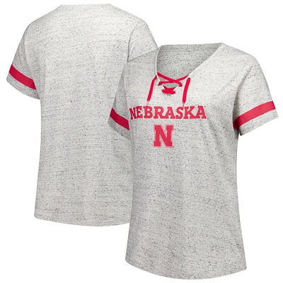 Women's Fanatics Heather Gray Nebraska Huskers Plus Lace-Up V-Neck T-Shirt