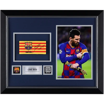 Lionel Messi Barcelona Autographed Framed Captain's Armband and Photograph