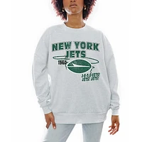 Women's Gameday Couture Ash New York Jets Gridiron Goals Premium Drop Shoulder Pullover Sweatshirt