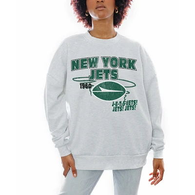 Women's Gameday Couture Ash New York Jets Gridiron Goals Premium Drop Shoulder Pullover Sweatshirt