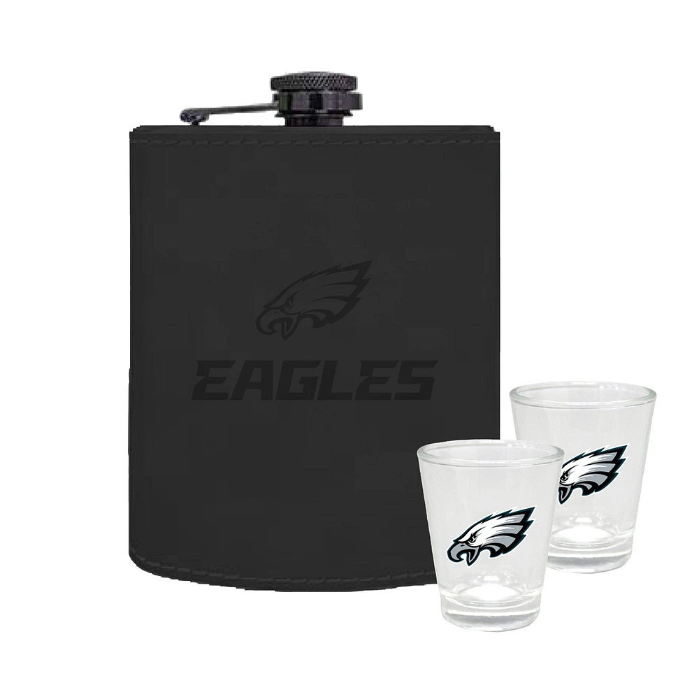 The Memory Company Philadelphia Eagles Three-Pack 8oz. Leather Flask & 2oz. Shot Glass Set