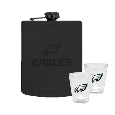 The Memory Company Philadelphia Eagles Three-Pack 8oz. Leather Flask & 2oz. Shot Glass Set