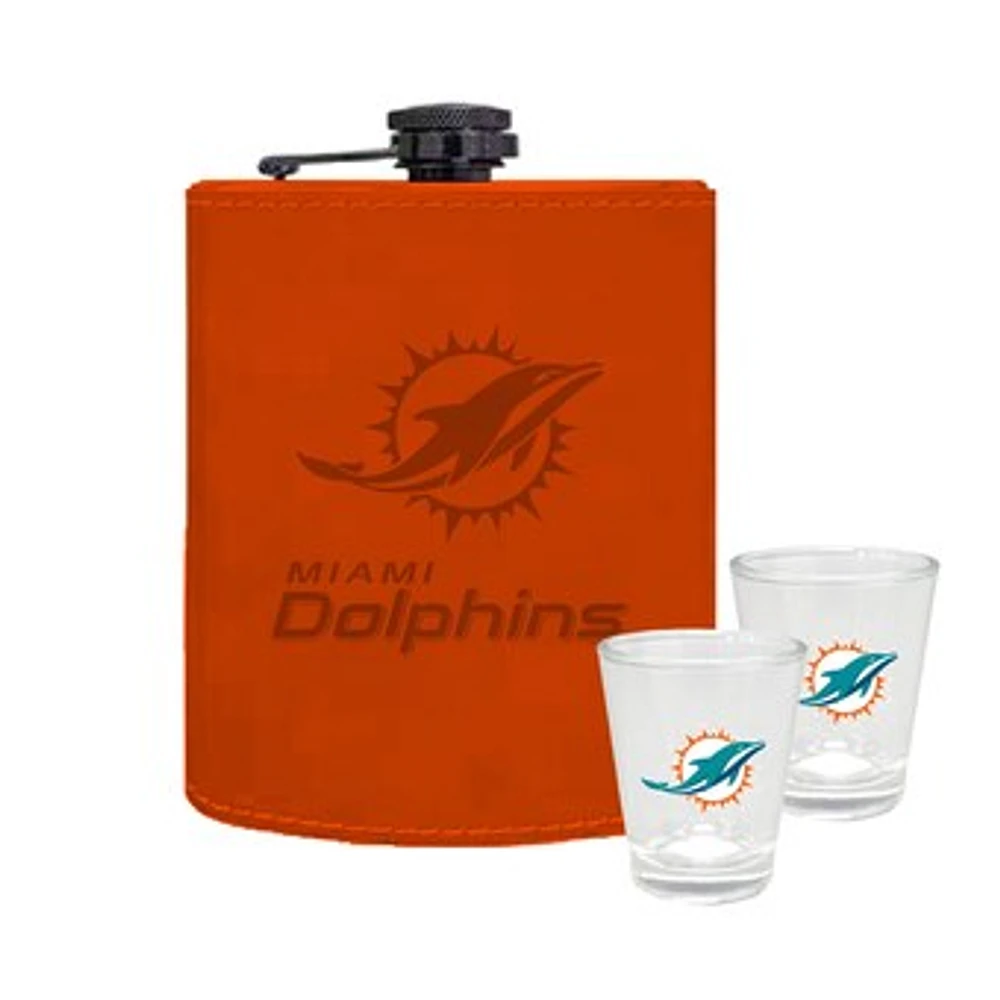 The Memory Company Miami Dolphins Three-Pack 8oz. Leather Flask & 2oz. Shot Glass Set