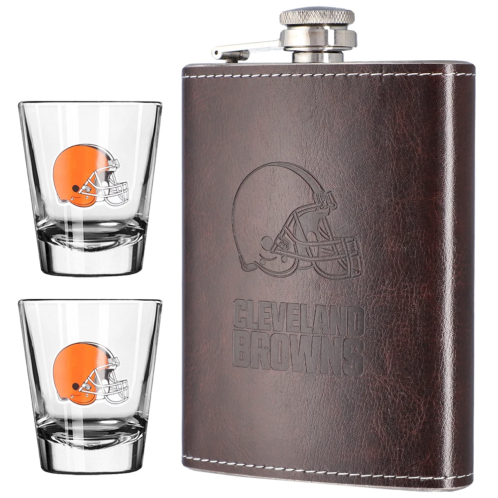 The Memory Company Cleveland Browns Three-Pack 8oz. Leather Flask & 2oz. Shot Glass Set