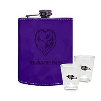 The Memory Company Baltimore Ravens Three-Pack 8oz. Leather Flask & 2oz. Shot Glass Set