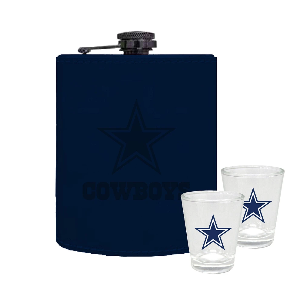 The Memory Company Dallas Cowboys Three-Pack 8oz. Leather Flask & 2oz. Shot Glass Set