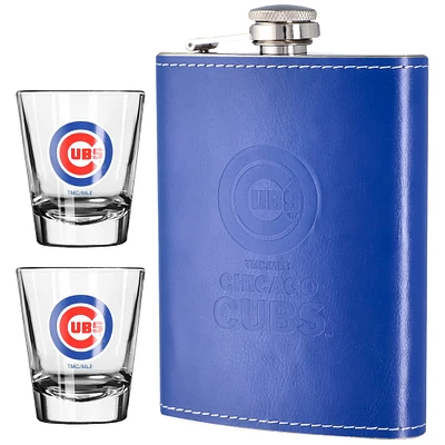 The Memory Company Chicago Cubs Three-Pack 8oz. Leather Flask & 2oz. Shot Glass Set