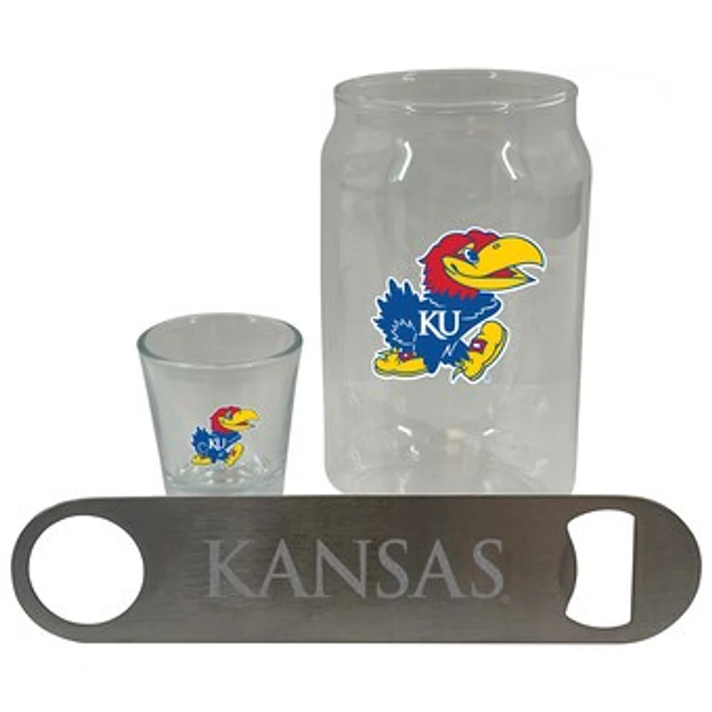 The Memory Company Kansas Jayhawks Three-Pack Beer Glass, 2oz. Shot Glass & Bottle Opener Set