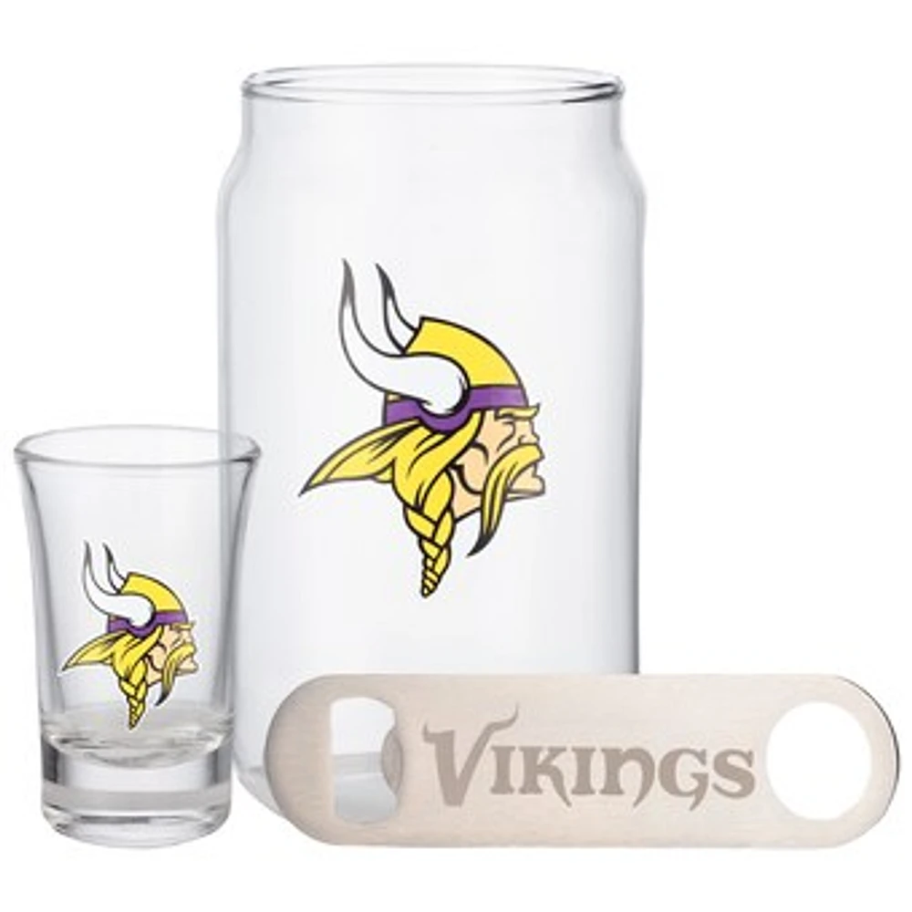 The Memory Company Minnesota Vikings Three-Pack Beer Glass, 2oz. Shot Glass & Bottle Opener Set