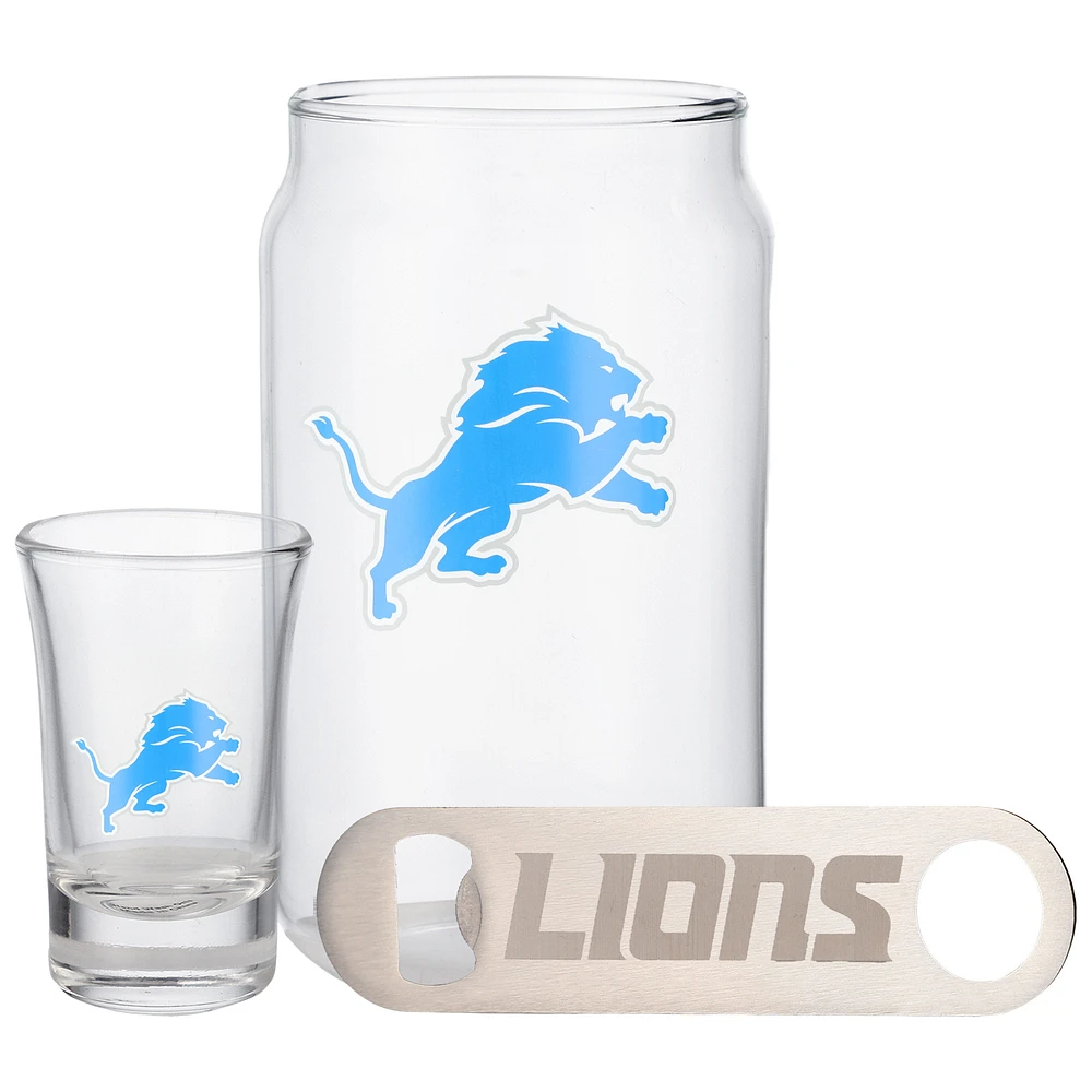 The Memory Company Detroit Lions Three-Pack Beer Glass, 2oz. Shot Glass & Bottle Opener Set