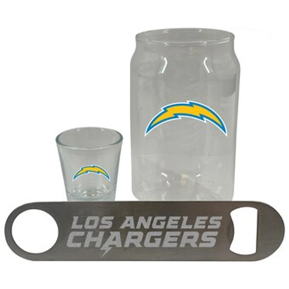 The Memory Company Los Angeles Chargers Three-Pack Beer Glass, 2oz. Shot Glass & Bottle Opener Set