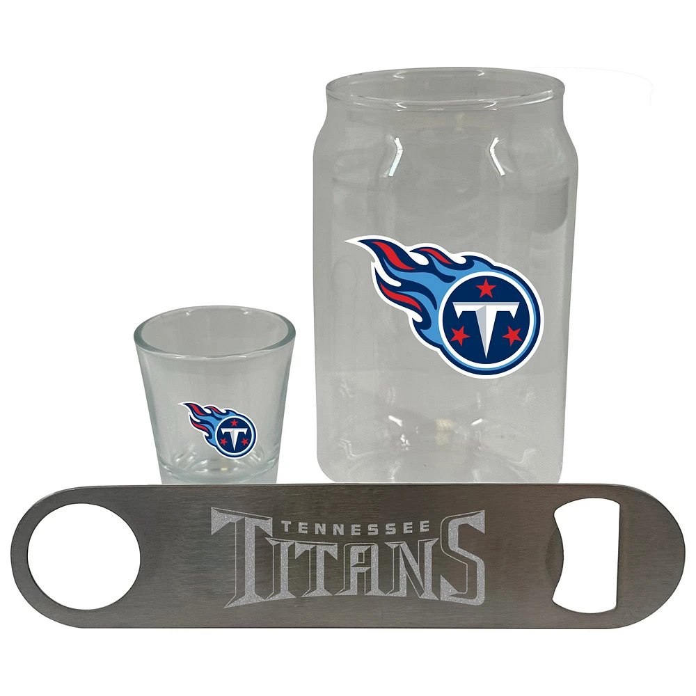 The Memory Company Tennessee Titans Three-Pack Beer Glass, 2oz. Shot Glass & Bottle Opener Set