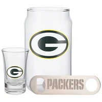 The Memory Company Green Bay Packers Three-Pack Beer Glass, 2oz. Shot Glass & Bottle Opener Set