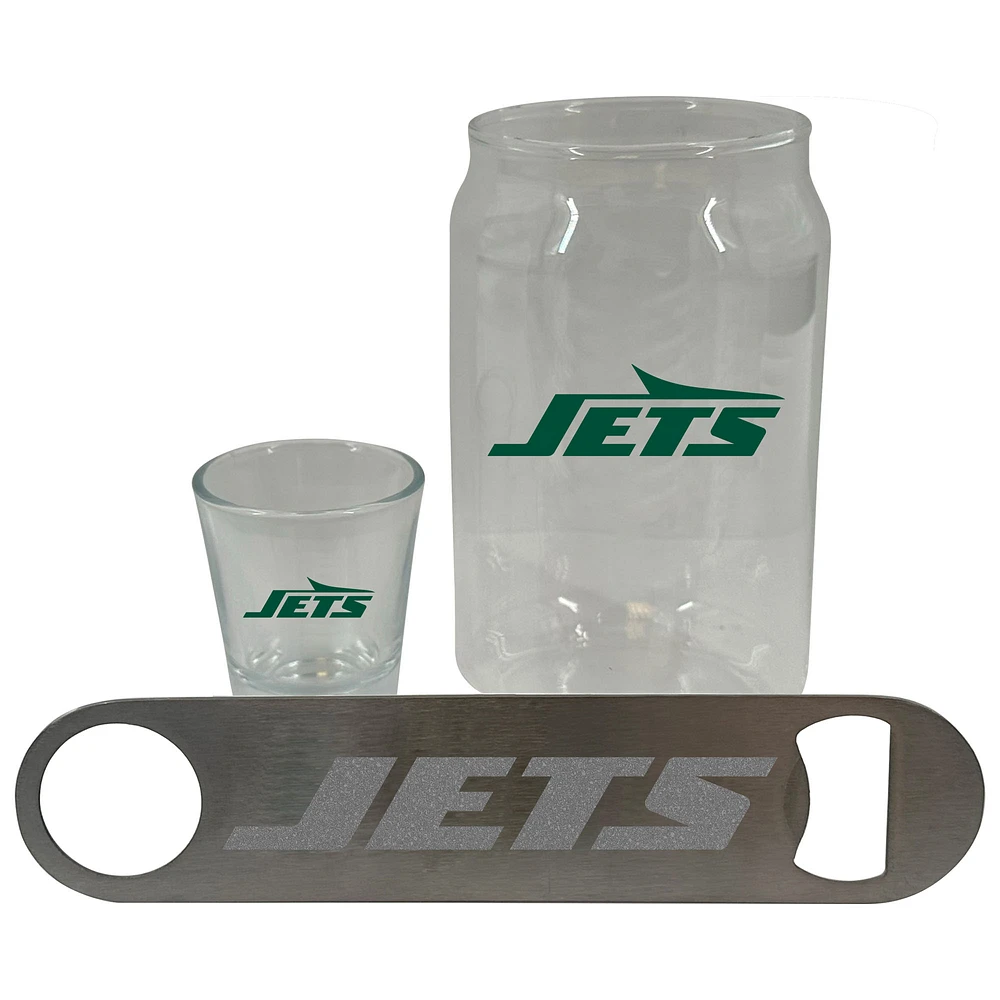 The Memory Company New York Jets Three-Pack Beer Glass, 2oz. Shot Glass & Bottle Opener Set