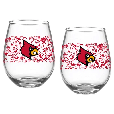 Louisville Cardinals Two-Pack 15oz. Floral Stemless Glass Set