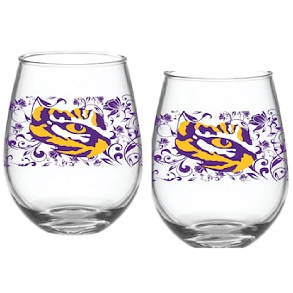 LSU Tigers Two-Pack 15oz. Floral Stemless Glass Set