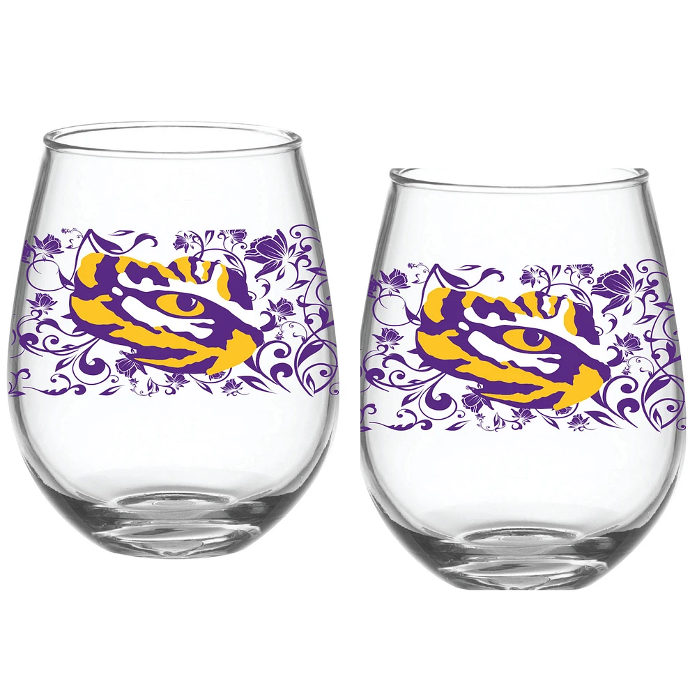 LSU Tigers Two-Pack 15oz. Floral Stemless Glass Set