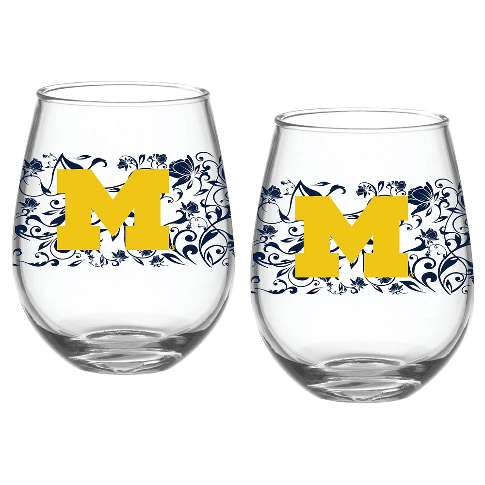 Michigan Wolverines Two-Pack 15oz. Floral Stemless Glass Set