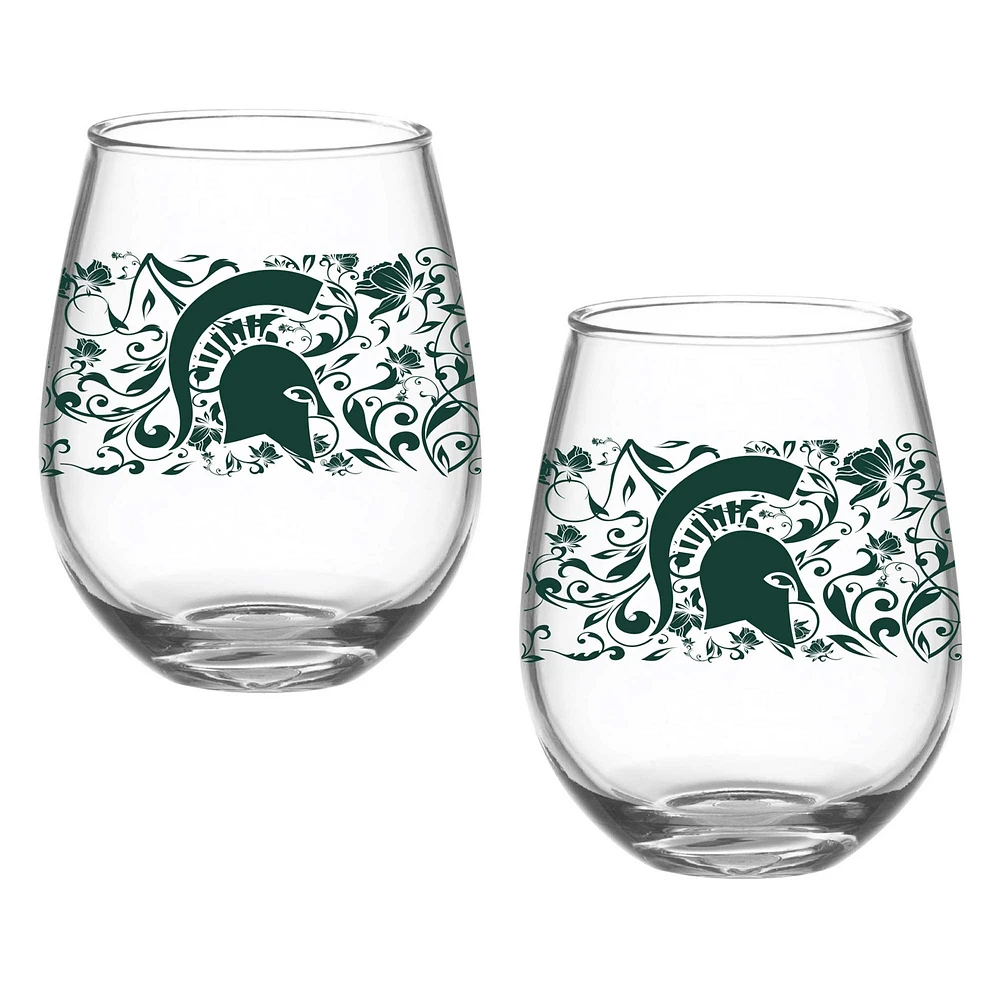 Michigan State Spartans Two-Pack 15oz. Floral Stemless Glass Set