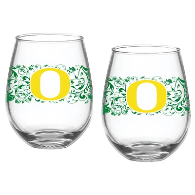 Oregon Ducks Two-Pack 15oz. Floral Stemless Glass Set