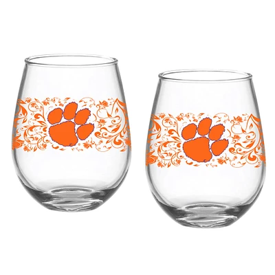 Clemson Tigers Two-Pack 15oz. Floral Stemless Glass Set