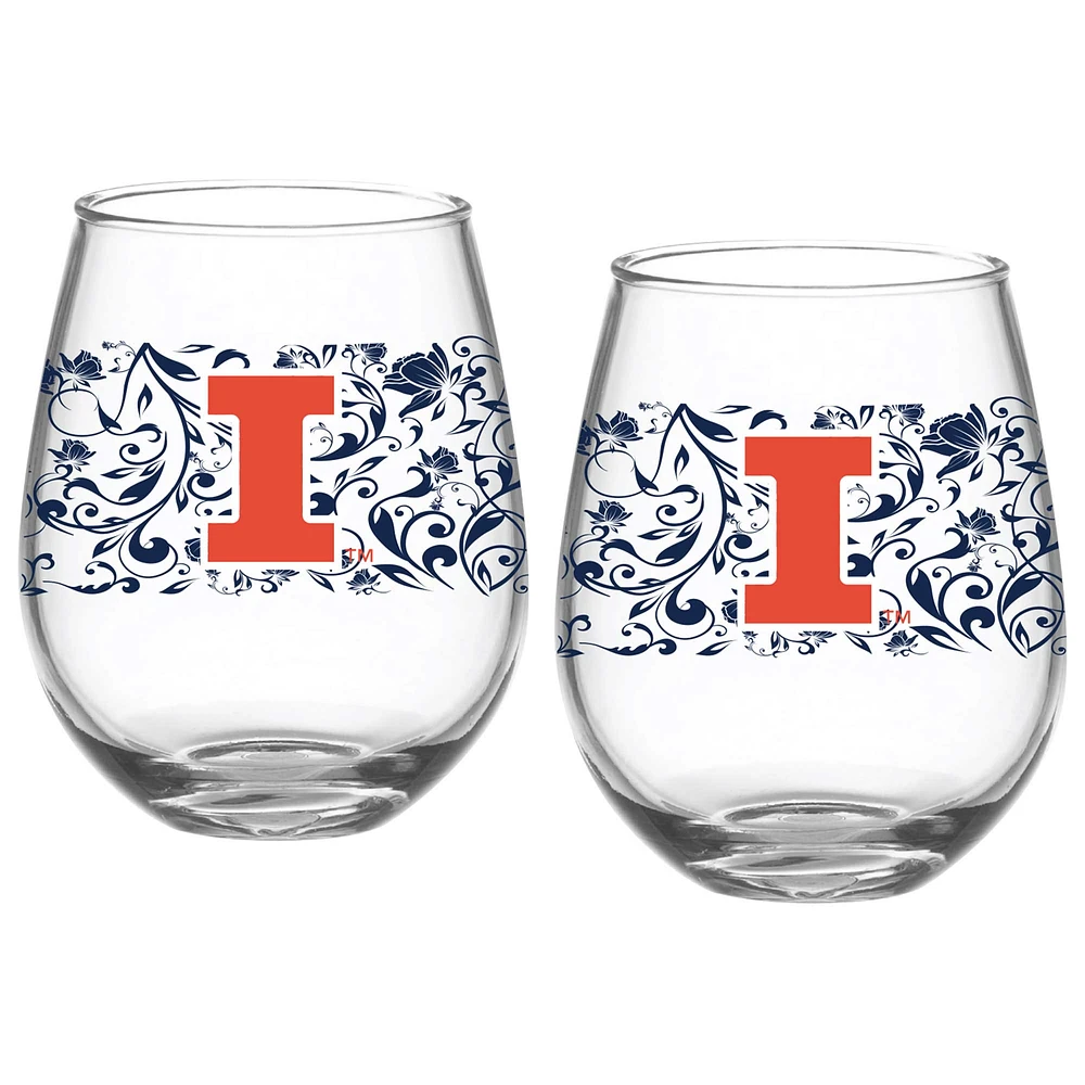 Illinois Fighting Illini Two-Pack 15oz. Floral Stemless Glass Set