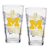 Michigan Wolverines Two-Pack 16oz. Campus Line Art Pint Glass Set