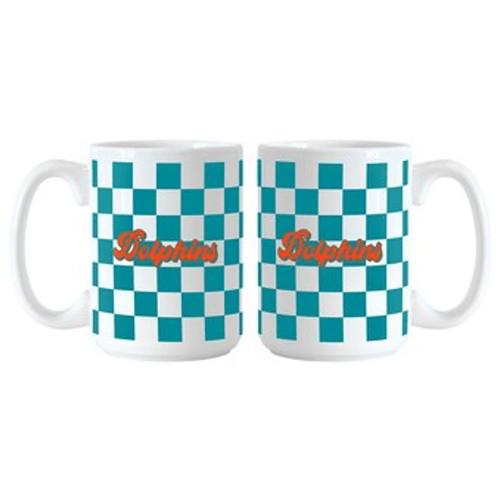 Miami Dolphins 2-Pack 15oz. Checkered Wordmark Mug Set