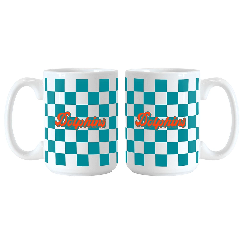 Miami Dolphins 2-Pack 15oz. Checkered Wordmark Mug Set