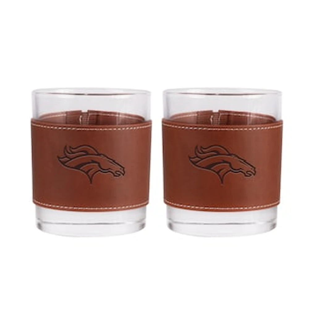 Denver Broncos 2-Pack 12oz Rocks Glass with Leather Wrap