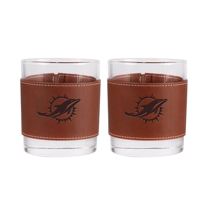 Miami Dolphins 2-Pack 12oz Rocks Glass with Leather Wrap