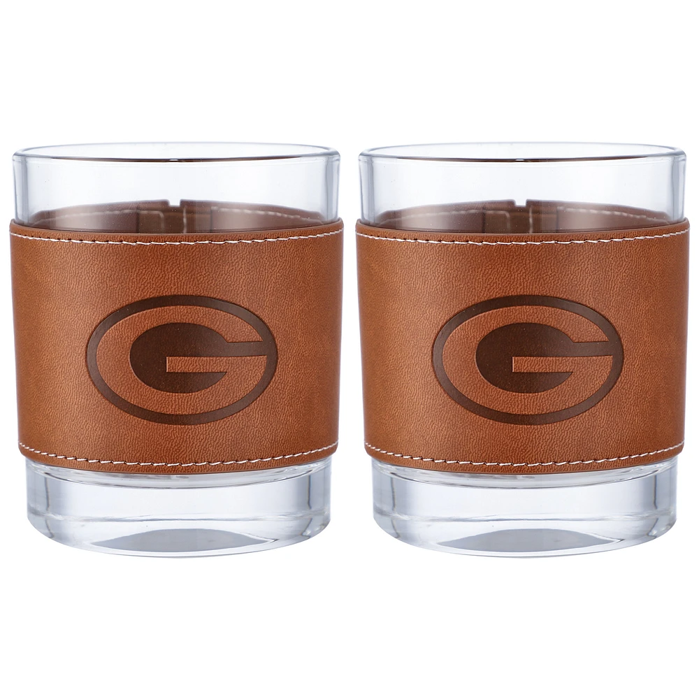 Green Bay Packers 2-Pack 12oz Rocks Glass with Leather Wrap