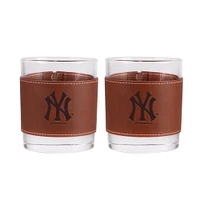 New York Yankees 2-Pack 12oz Rocks Glass with Leather Wrap