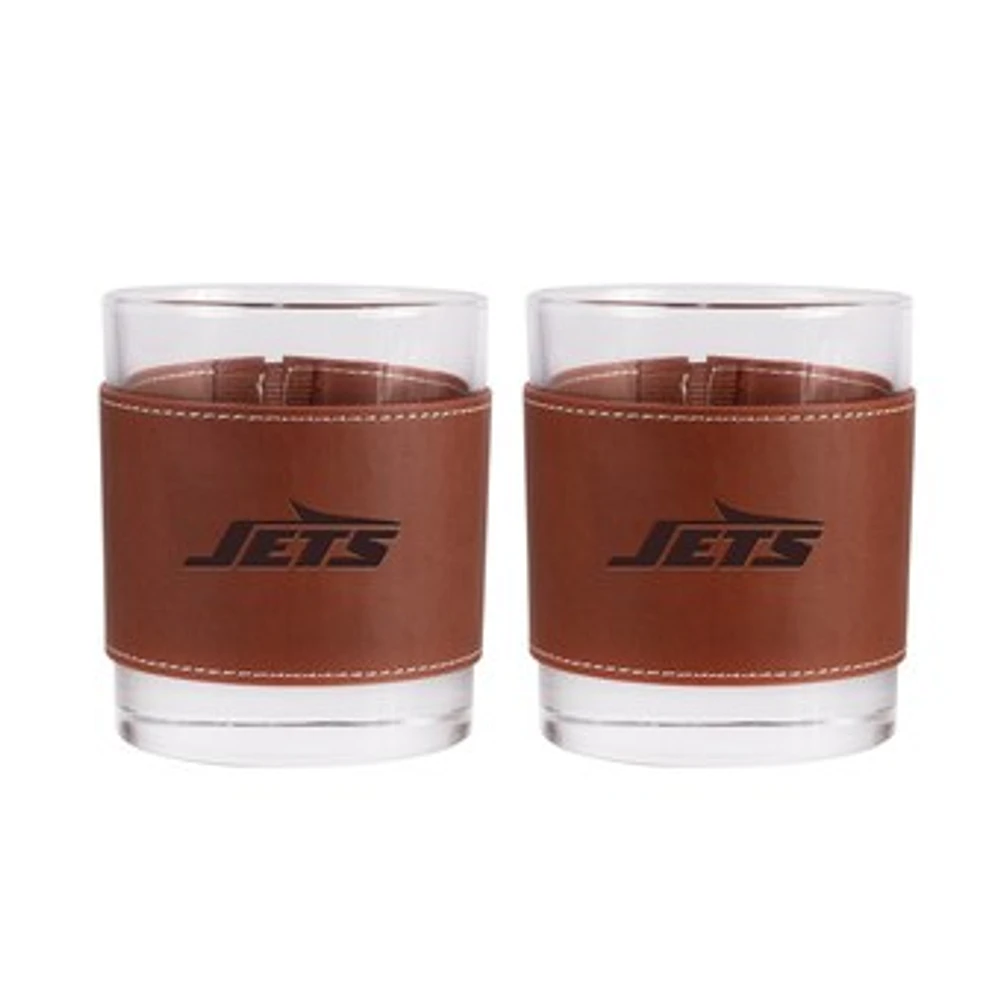 New York Jets 2-Pack 12oz Rocks Glass with Leather Wrap